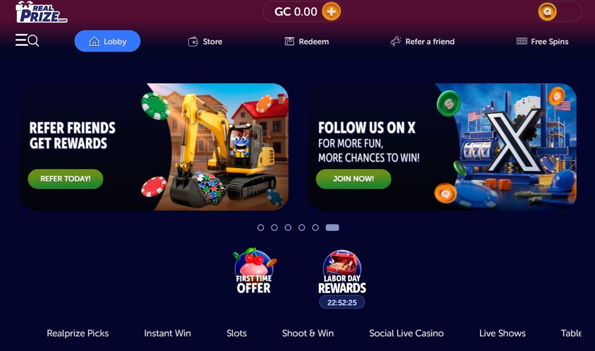 RealPrize game lobby with banners highlighting the referral program and their X account